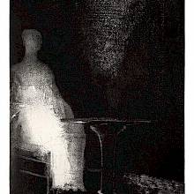 A ghostly figure is sitting at a table while in the background, two eyes emerge from the shadow