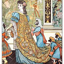 A woman with a fan walks across a room as two monkeys hold the train of her brocade dress