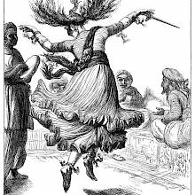 A dancing woman is leaping to the sound of a tambourine, her hair floating around her head