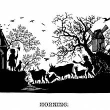 Rural scene showing a watchman with a halberd, a herdsman driving cattle, and a windmill