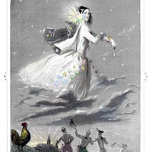 A female figure standing on clouds passes across the sky, a starry flower stuck in her hair