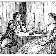 A man and a woman are sitting at a table lit by two candles about which moths are fluttering