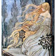 A woman is standing on her balcony, letting her loose, flame-like hair flow in the wind