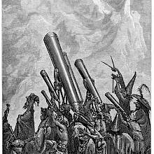 A group of astrologers is pointing a battery of telescopes at a mountain top