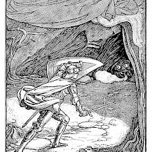 A knight holds up his shield for protection as he walks toward a cave inside which a monster lies