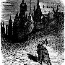 A stooped figure carrying two axes is seen from behind walking toward a medieval-looking city