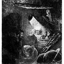 An old man is reading at his desk as another man spies on him, hidden behind the door