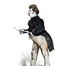 Depiction of a man wearing a tailcoat and holding a sheet of paper