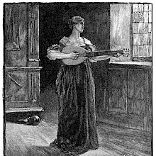 A woman stands playing the lute in a sparsely furnished room