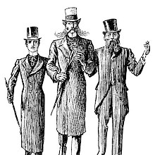 Three men dressed to the nines are walking arm in arm toward the viewer