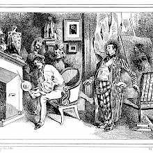 A man in a striped gown speaks to another sitting in front of the fireplace holding a bellows
