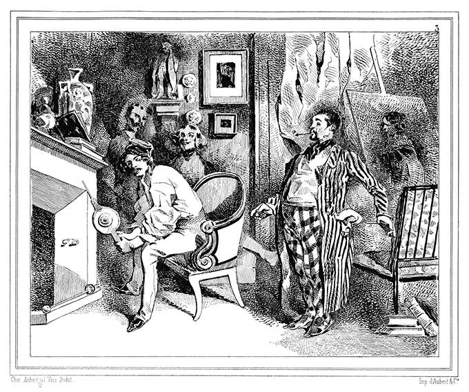 A man in a striped gown speaks to another sitting in front of the fireplace holding a bellows