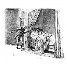 A man in eighteenth-century uniform tip-toes to a bed in which a woman lies sleeping