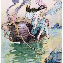 A fairy sits on the edge of a boat made of a nautilus shell floating on the open sea