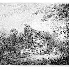Three figures can be seen outside the dilapidated palisade surrounding a rustic cottage partly overgrown with ivy
