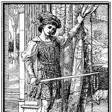A man carries a pearl necklace at the point of his sword while pulling a curtain