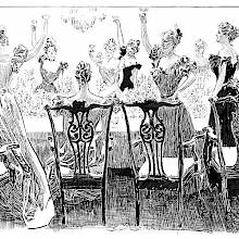 Women have stood up around a dinner table to toast one of them who remains seated