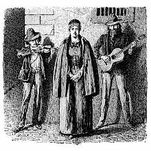 A woman stands singing with two musicians behind her on a street corner