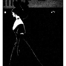 At night, a woman wearing an evening dress walks through an empty square