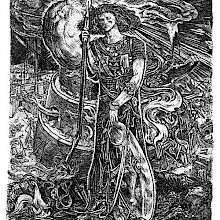 A man stands with a broken spear and his shield as the Tower of Babel burns in the background