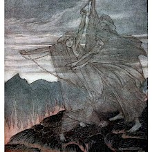 Three ghostly female figures are seen winding a rope on the top of a mountain surrounded by flames