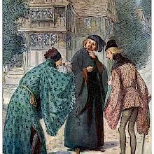 Three men stand in front of a half-timbered house, with the oldest looking irritated and making angry gestures