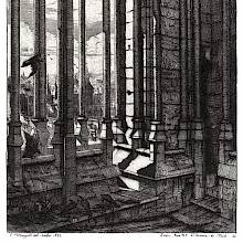 View of the Chimera gallery at Notre-Dame, showing the colonnade and crows fluttering about