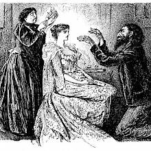 A man is kneeling before a woman, waving his hands and trying to hypnotize her