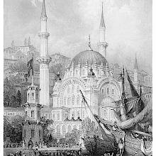 View of Nusretiye Mosque with people boarding a ship from a rowboat in the foreground