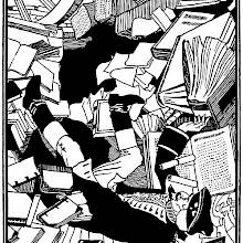 A man is falling backwards among piles of books cascading over him