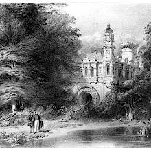 Two men stand by a pond as a fancy castle can be seen in the background