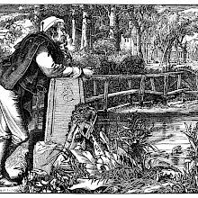 A man leans on a stone by a stream and smokes his pipe, smiling as he gazes in the distance