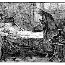 A woman is tiptoeing toward an old man sleeping in his bed with a key around his neck