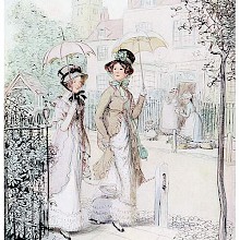 Two women are walking down a street, protecting themselves from the sun with parasols