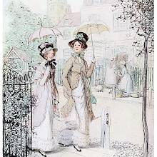 Two women are walking down a street, shielding themselves from the sun with parasols
