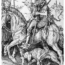 A brooding knight in armor is seen from the side riding a horse with the Devil