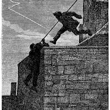 A man jumps from one roof to another as a second one climbs down a wall with a rope