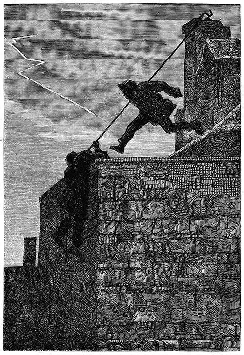 A man jumps from one roof to another as a second one climbs down a wall with a rope