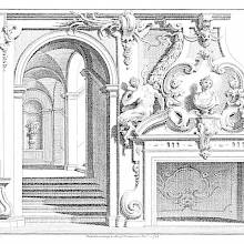 Design for Rococo interior showing a fireplace with statues, an arched door, and foliage ornaments