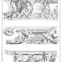 Plate of ornaments showing three models of Rococo friezes with putti and satyrs, foliage, etc.