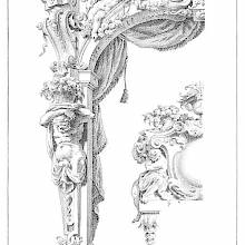 Plate of ornaments showing an atlas supporting a Rococo arch decorated with a putto, garlands, etc.