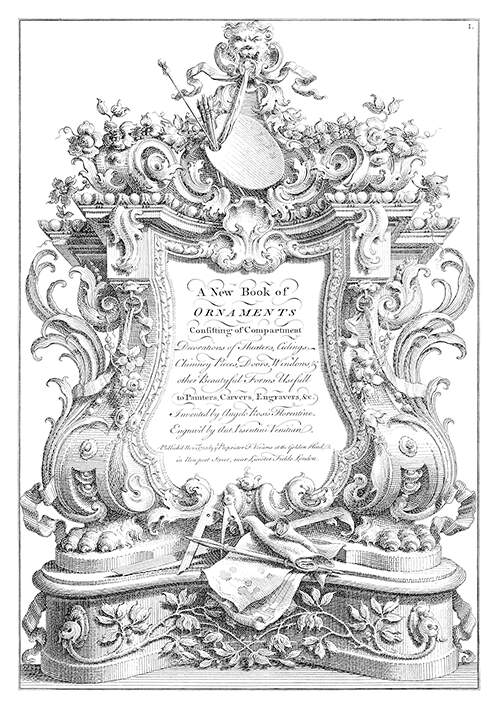 Rococo cartouche displaying the attributes of art and architecture among lush foliage scrolls