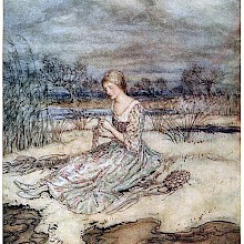 A young woman is sitting in a landscape of marshland, busy plaiting rushes