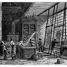 Interior view of a workshop showing two painters working on tall glass panels and assistants moving about