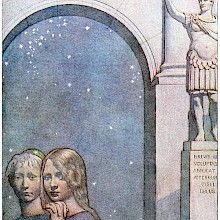 A boy and a girl are side by side, visible from the chest up under the arch of a Roman building