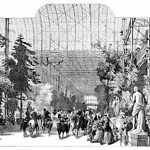 View of the Crystal Palace lined with vegetation as people on foot or on horseback go to and fro