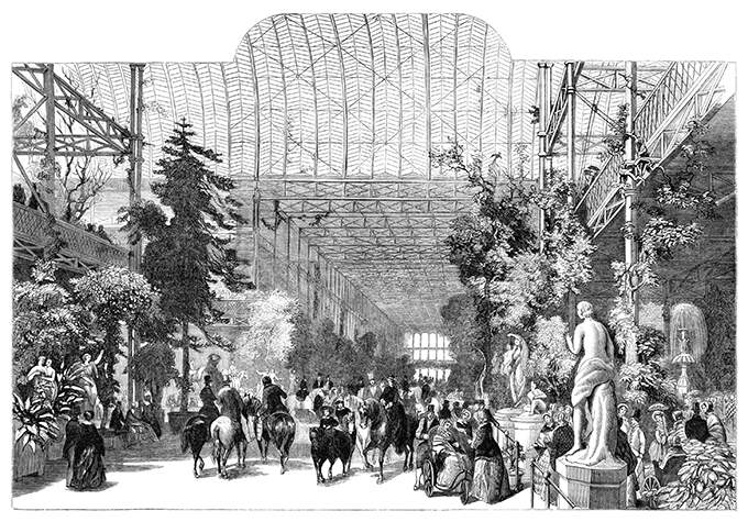 View of the Crystal Palace lined with vegetation as people on foot or on horseback go to and fro