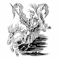 A skeleton man rides a skeleton horse