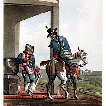 Two men in uniform are talking together, one on horseback, the other drinking maté with a straw