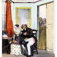 A soppy middle-aged man woos a girl as her parents watch the scene from behind a door